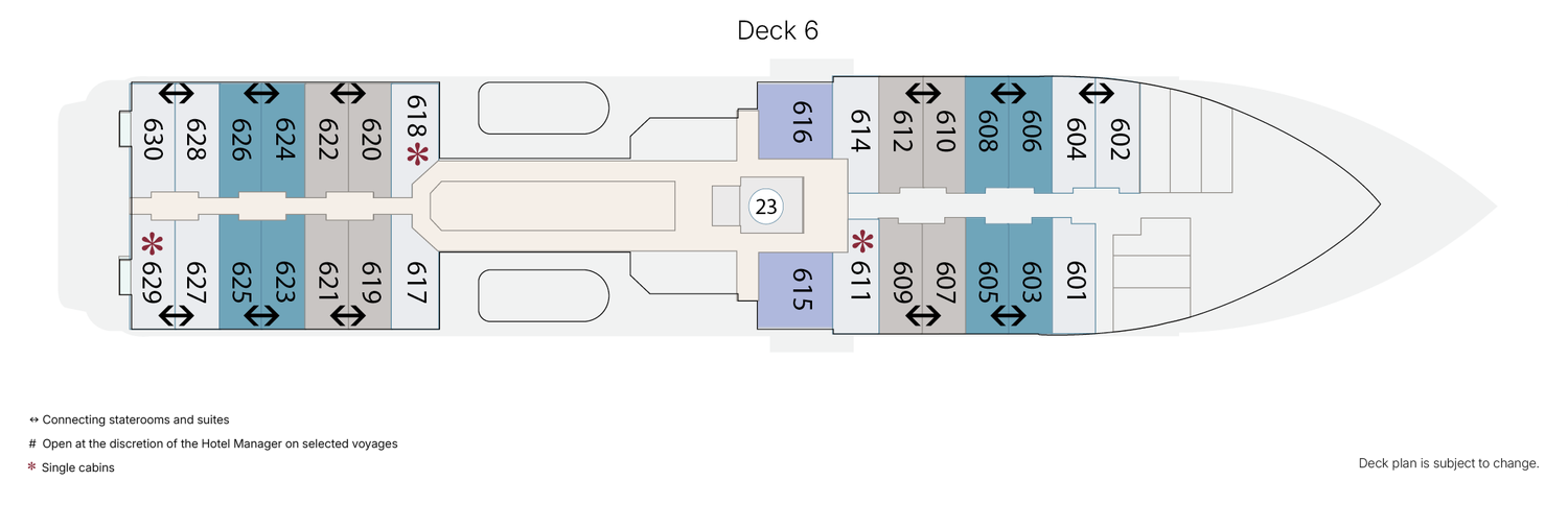 Greg Mortimer, Deck 6: official cabin and venue layout
