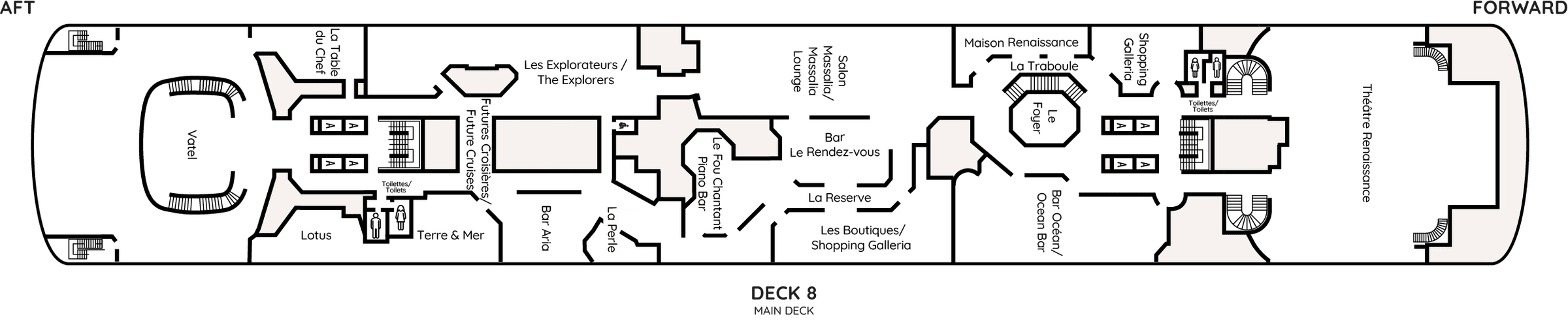 Renaissance, Deck 8: official cabin and venue layout