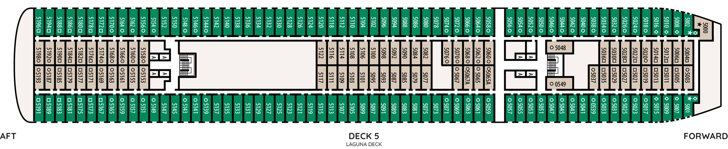 Renaissance, Deck 5: official cabin and venue layout