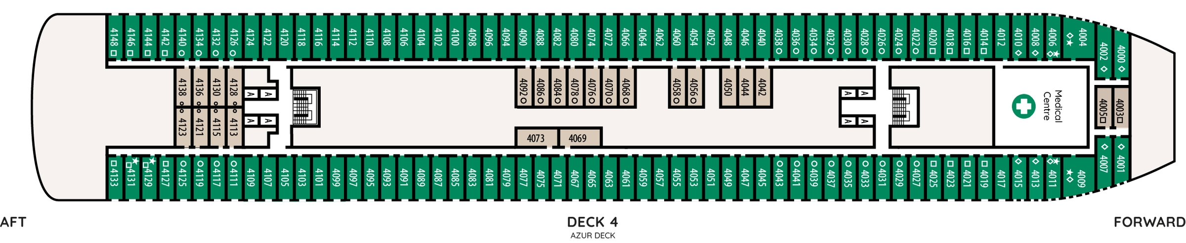 Renaissance, Deck 4: official cabin and venue layout