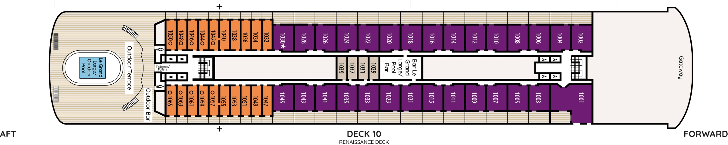 Renaissance, Deck 10: official cabin and venue layout
