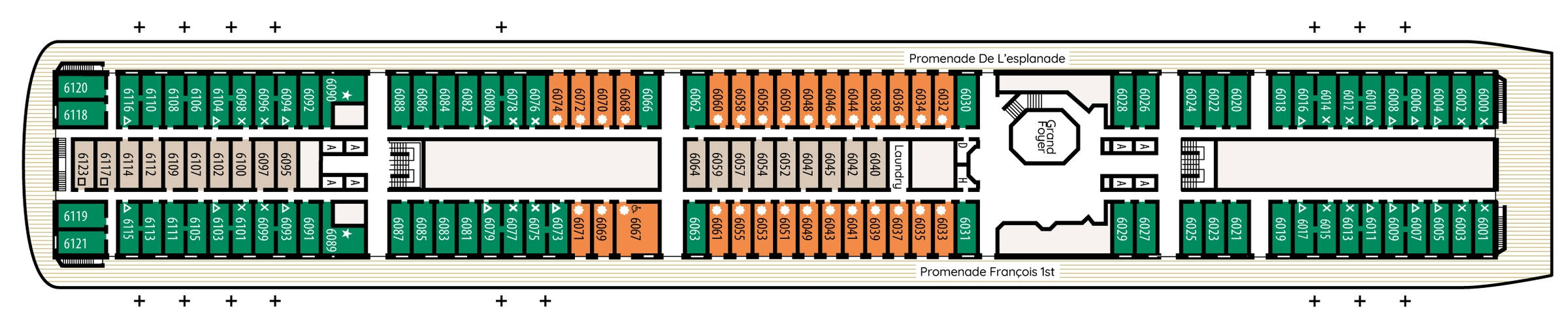 Renaissance, Deck 6: official cabin and venue layout