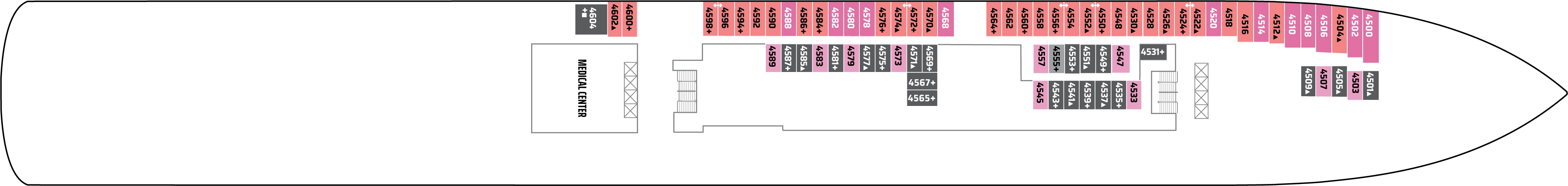 Norwegian Pearl, Deck 4: official cabin and venue layout