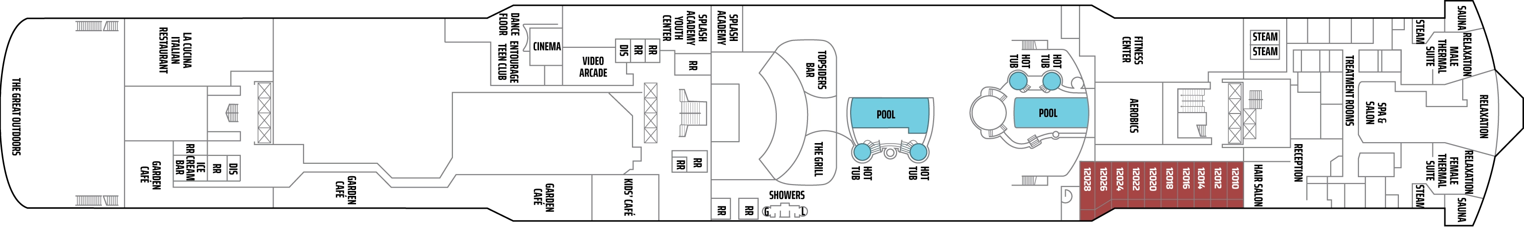 Norwegian Pearl, Deck 12: official cabin and venue layout