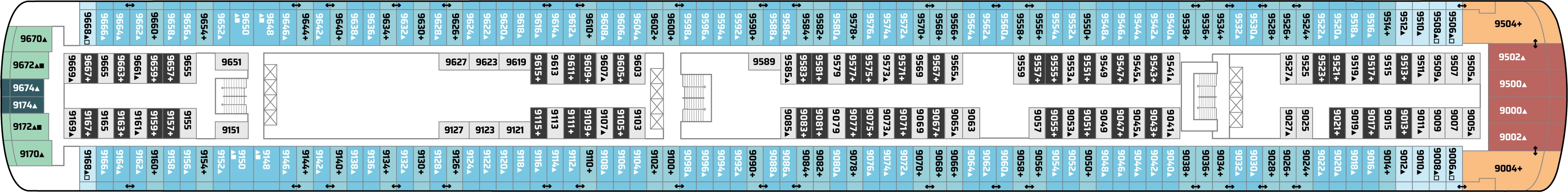 Norwegian Pearl, Deck 9: official cabin and venue layout