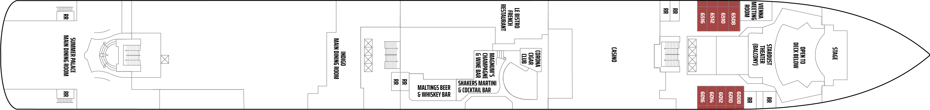 Norwegian Pearl, Deck 6: official cabin and venue layout