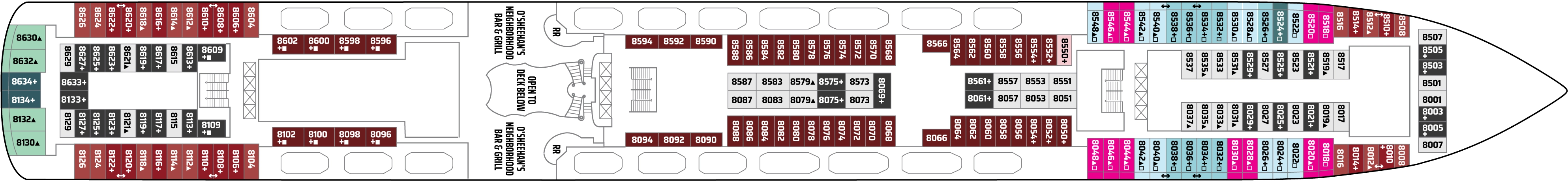 Norwegian Pearl, Deck 8: official cabin and venue layout