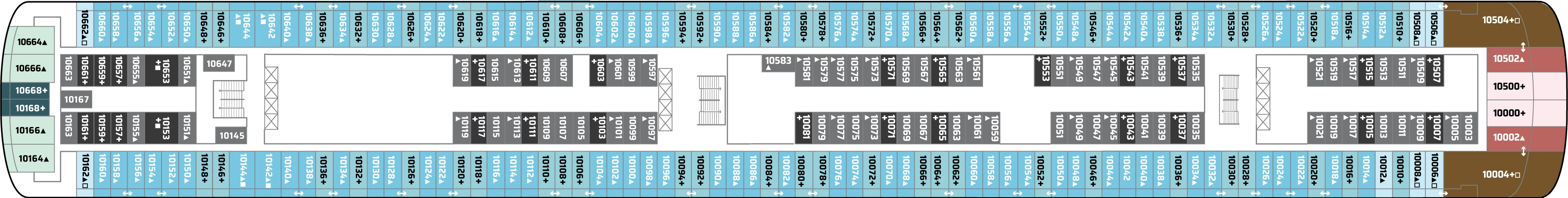 Norwegian Pearl, Deck 10: official cabin and venue layout