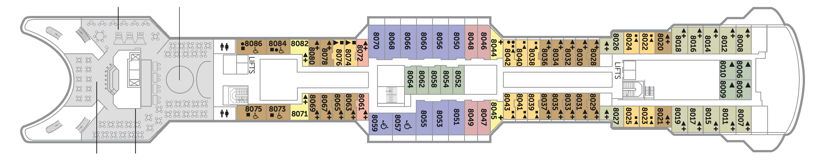 Balmoral, Deck 8: official cabin and venue layout