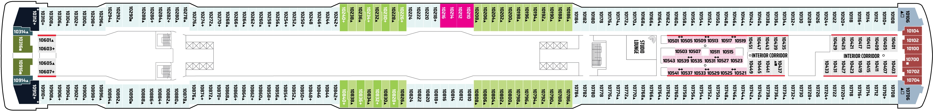 Norwegian Getaway, Deck 10: official cabin and venue layout