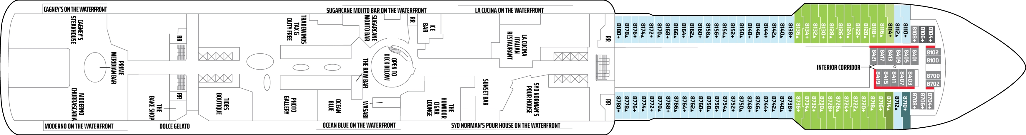 Norwegian Getaway, Deck 8: official cabin and venue layout