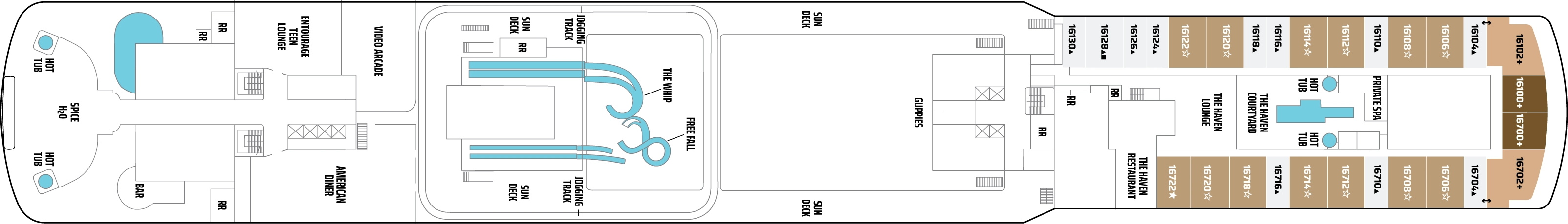 Norwegian Getaway, Deck 16: official cabin and venue layout