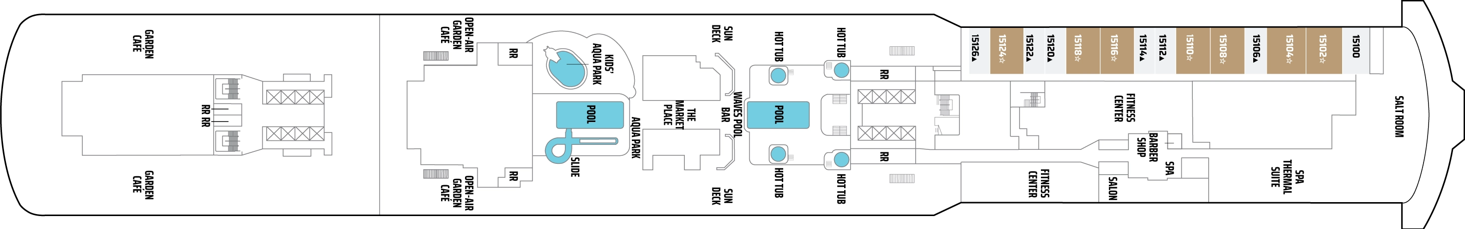 Norwegian Getaway, Deck 15: official cabin and venue layout