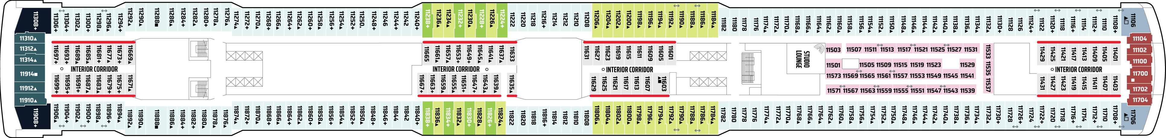Norwegian Getaway, Deck 11: official cabin and venue layout