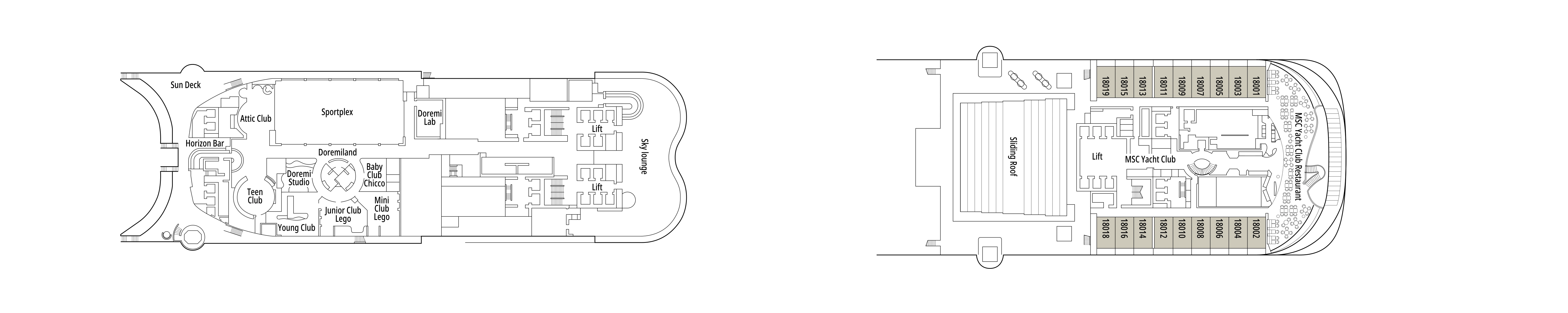 MSC Bellissima, Deck 18: official cabin and venue layout