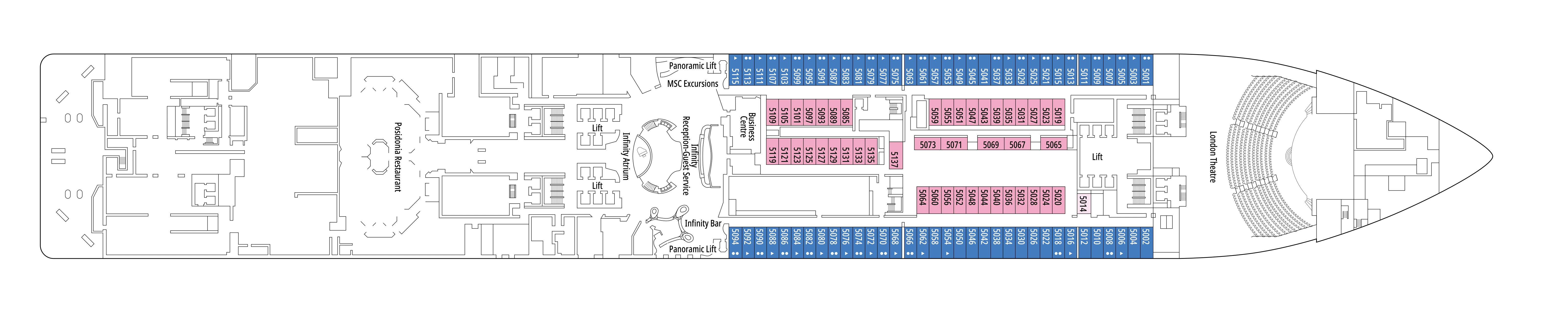 MSC Bellissima, Deck 5: official cabin and venue layout
