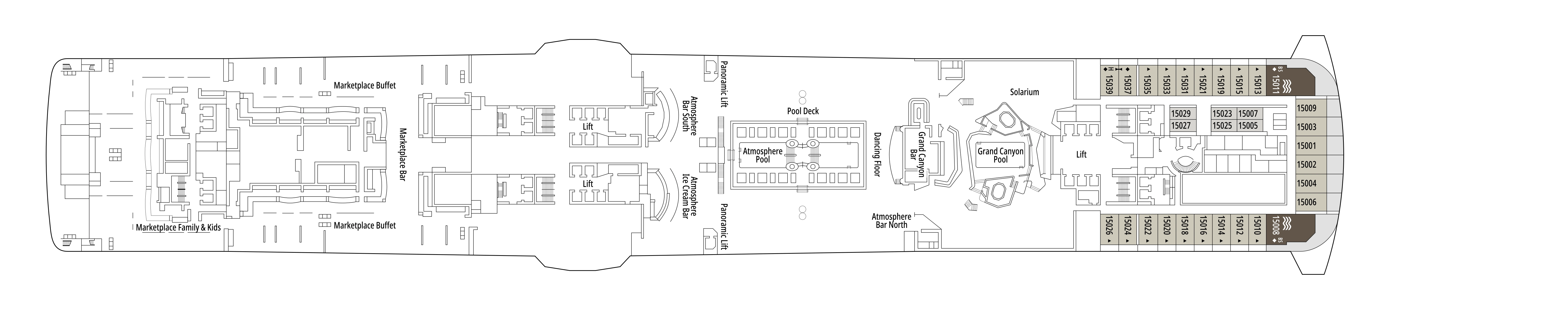 MSC Bellissima, Deck 15: official cabin and venue layout