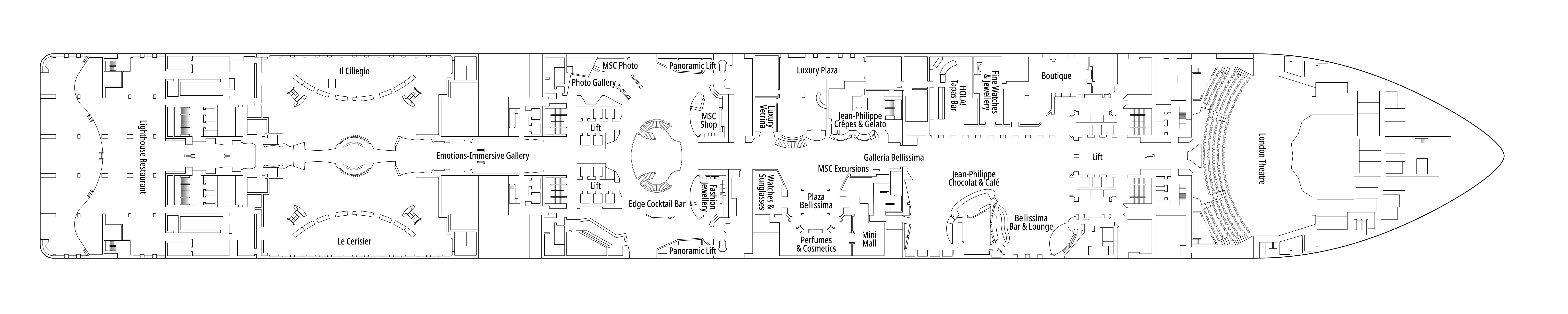 MSC Bellissima, Deck 6: official cabin and venue layout
