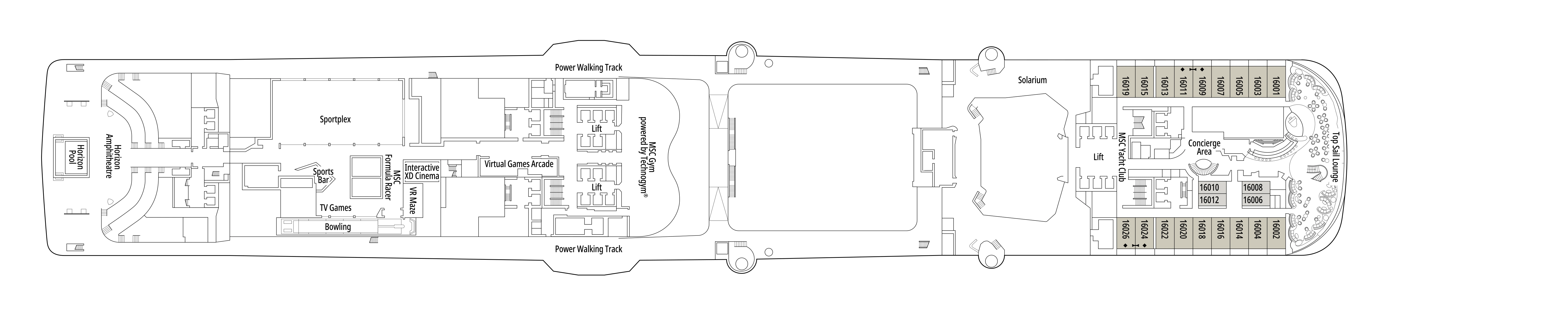 MSC Bellissima, Deck 16: official cabin and venue layout