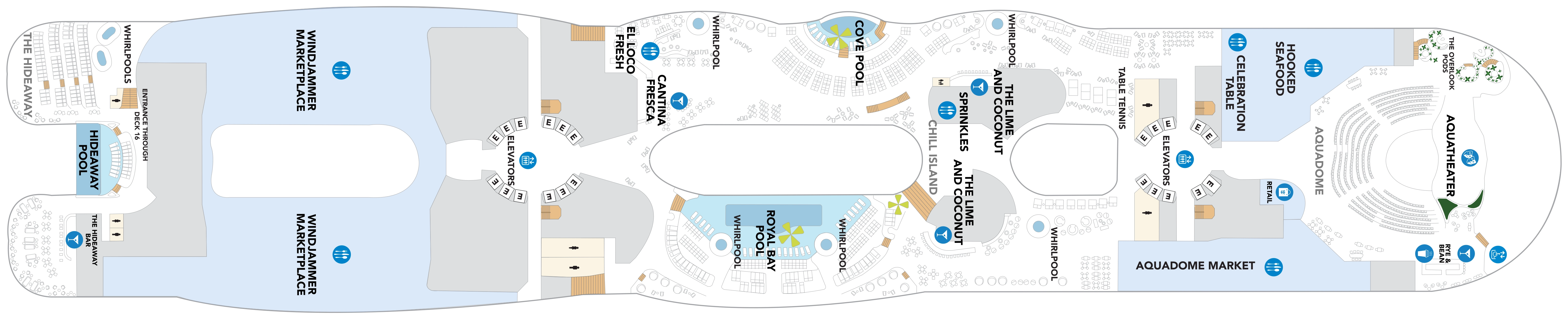 Legend of the Seas, Deck 15: official cabin and venue layout