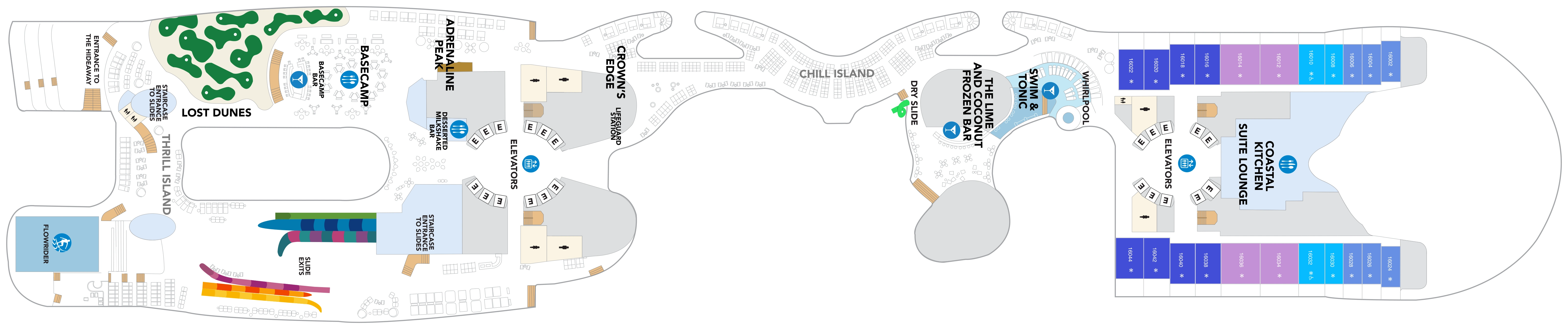 Legend of the Seas, Deck 16: official cabin and venue layout