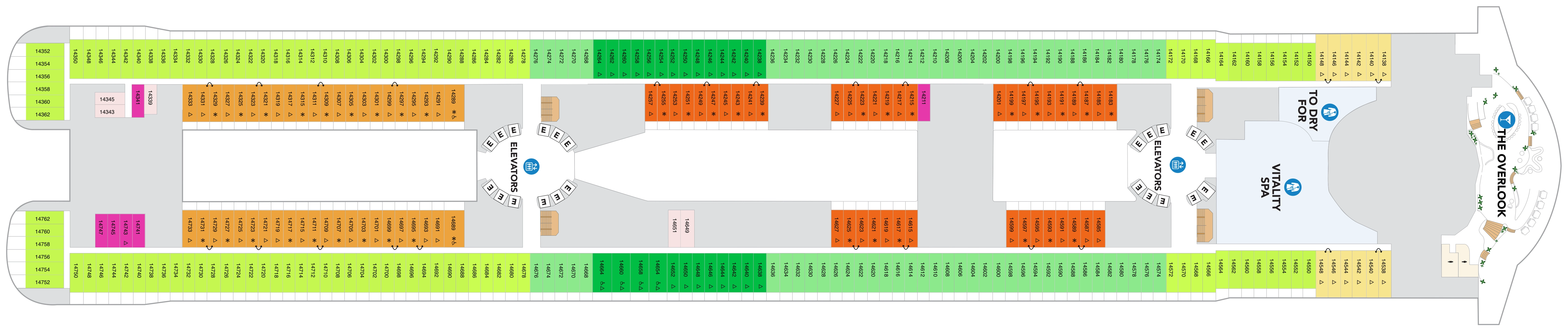 Legend of the Seas, Deck 14: official cabin and venue layout