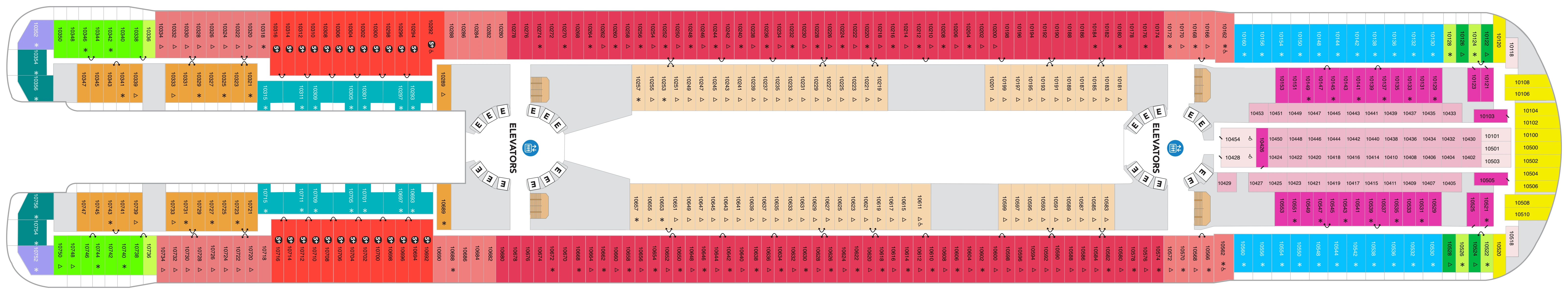 Legend of the Seas, Deck 10: official cabin and venue layout