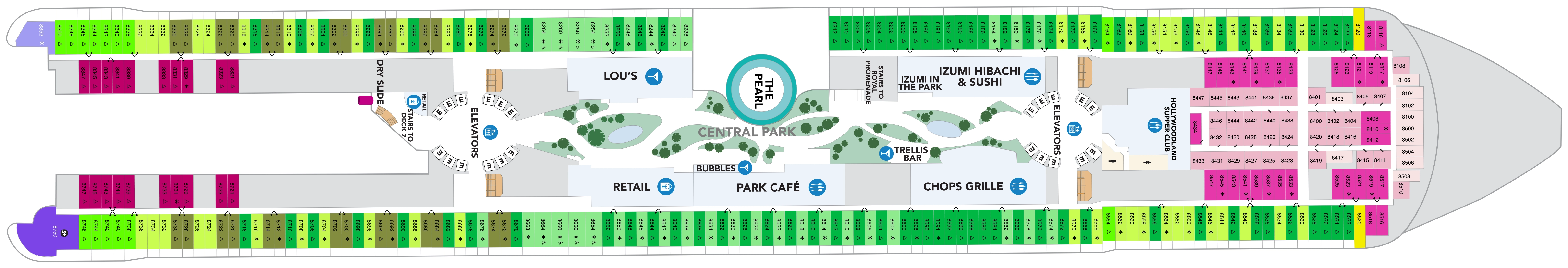 Legend of the Seas, Deck 8: official cabin and venue layout