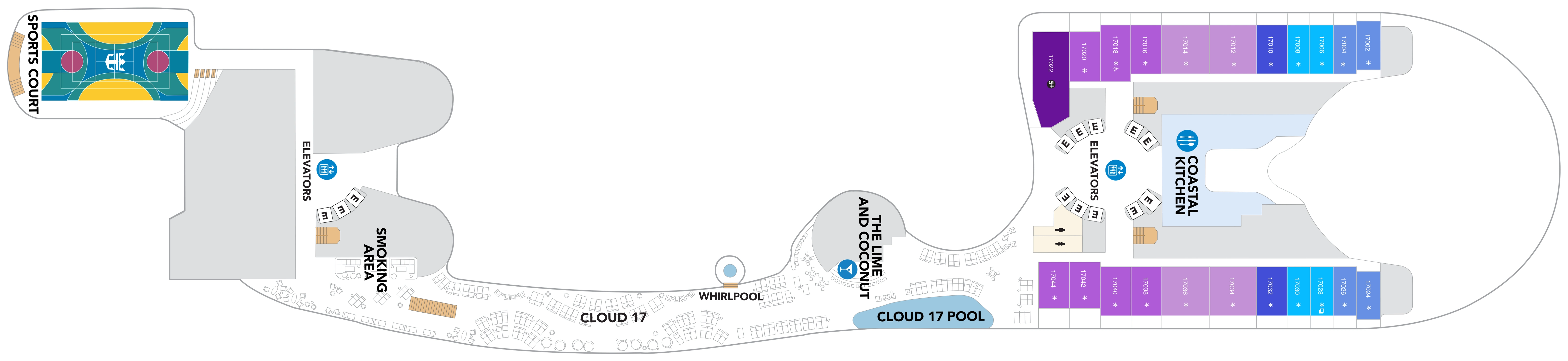 Legend of the Seas, Deck 17: official cabin and venue layout