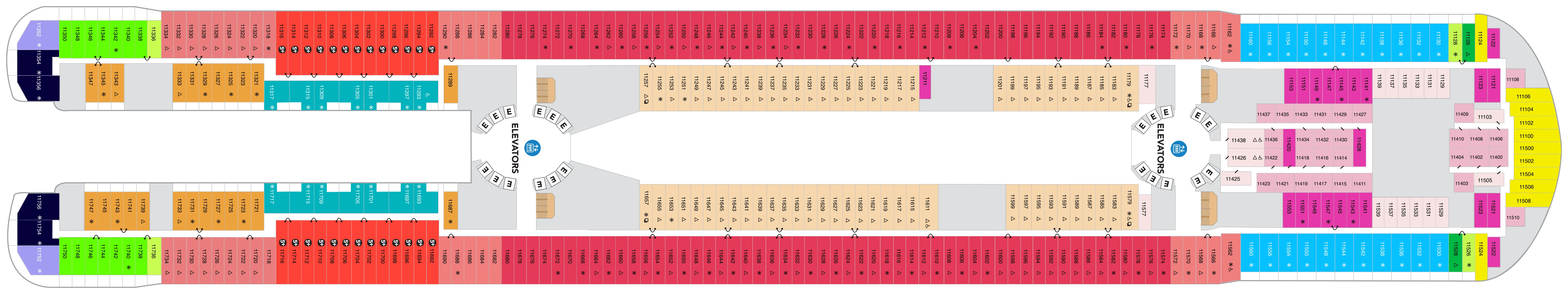 Legend of the Seas, Deck 11: official cabin and venue layout