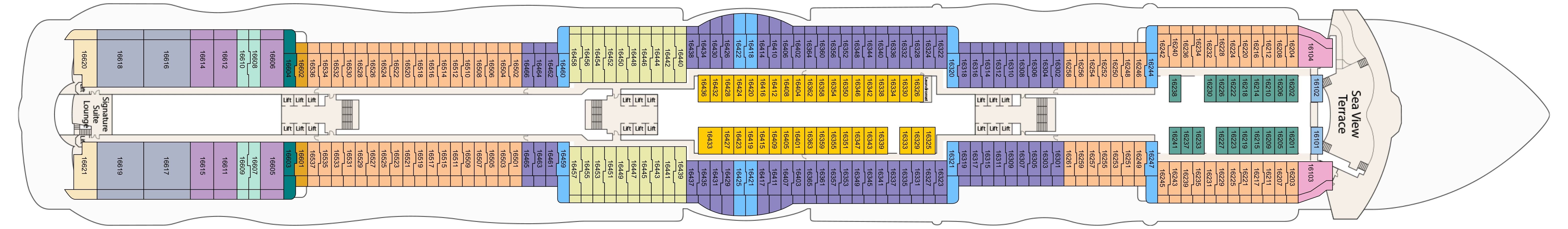 Sun Princess, Deck 16: official cabin and venue layout