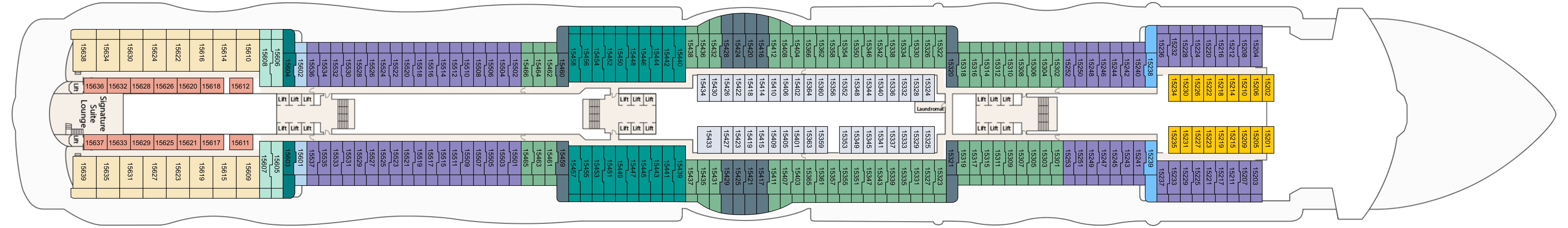 Sun Princess, Deck 15: official cabin and venue layout