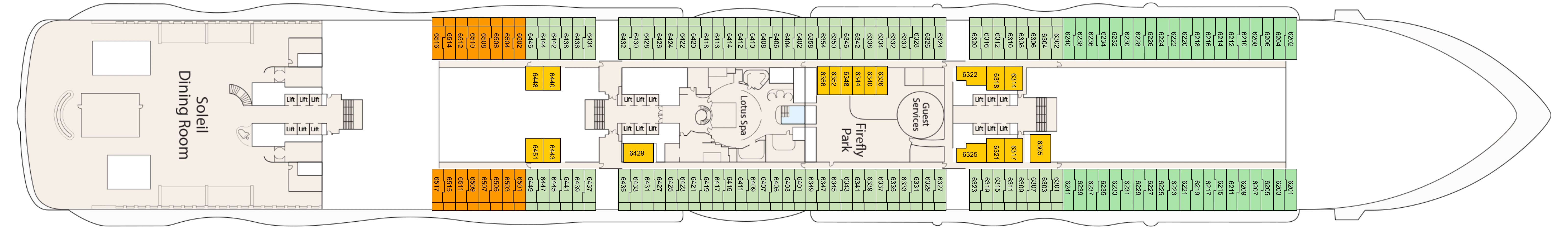 Sun Princess, Deck 6: official cabin and venue layout