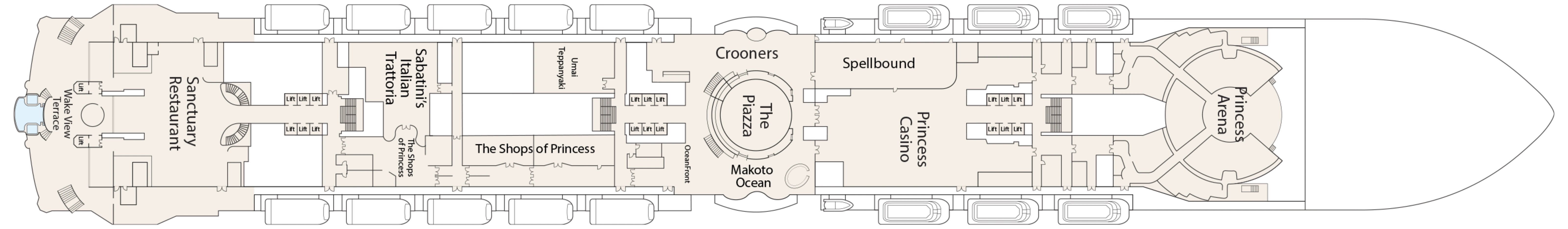 Sun Princess, Deck 8: official cabin and venue layout