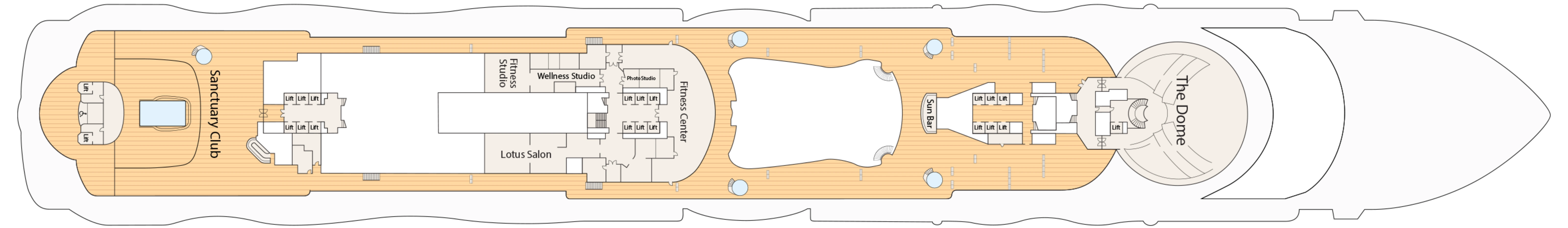 Sun Princess, Deck 18: official cabin and venue layout