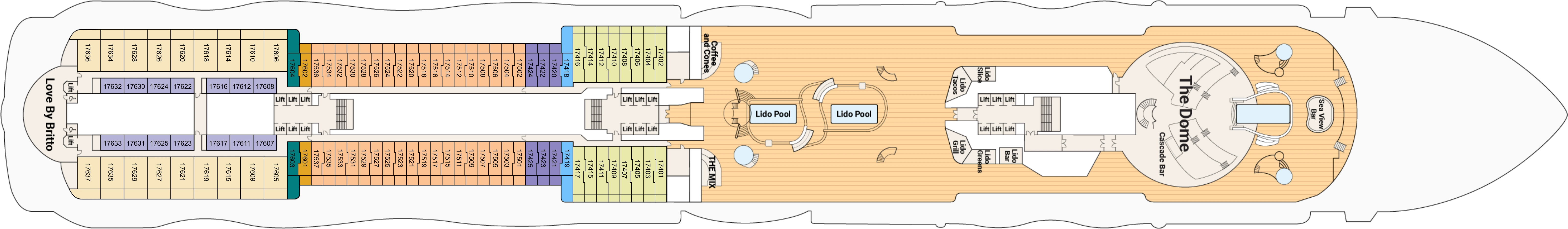 Sun Princess, Deck 17: official cabin and venue layout