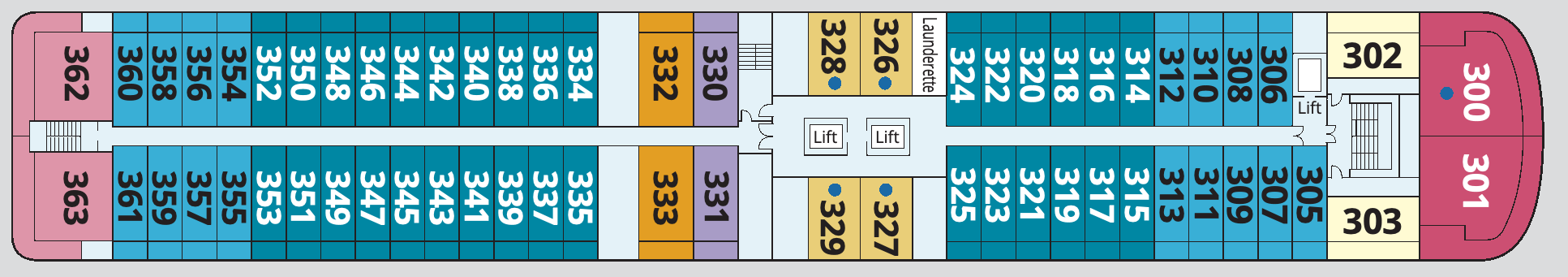 Viking Mississippi, Deck 3: official cabin and venue layout