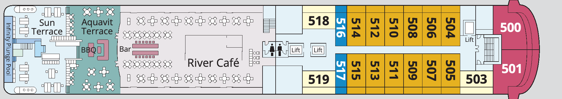 Viking Mississippi, Deck 5: official cabin and venue layout