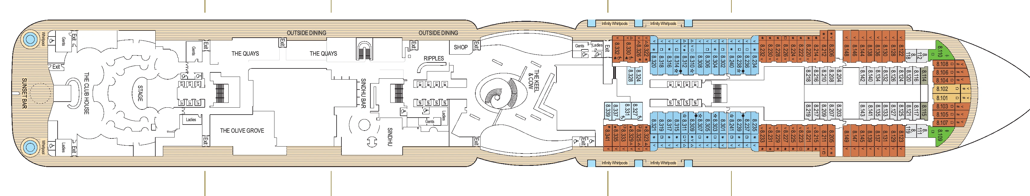 Iona, Deck 8: official cabin and venue layout