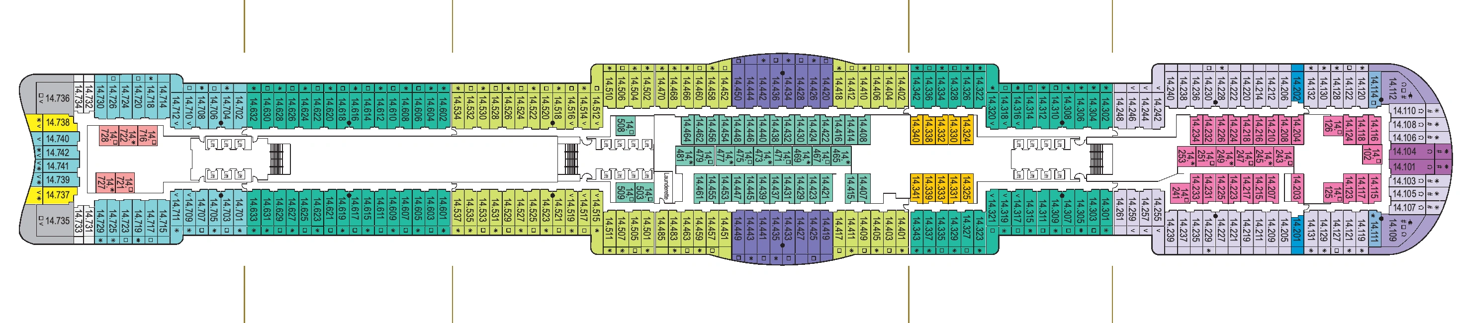 Iona, Deck 14: official cabin and venue layout