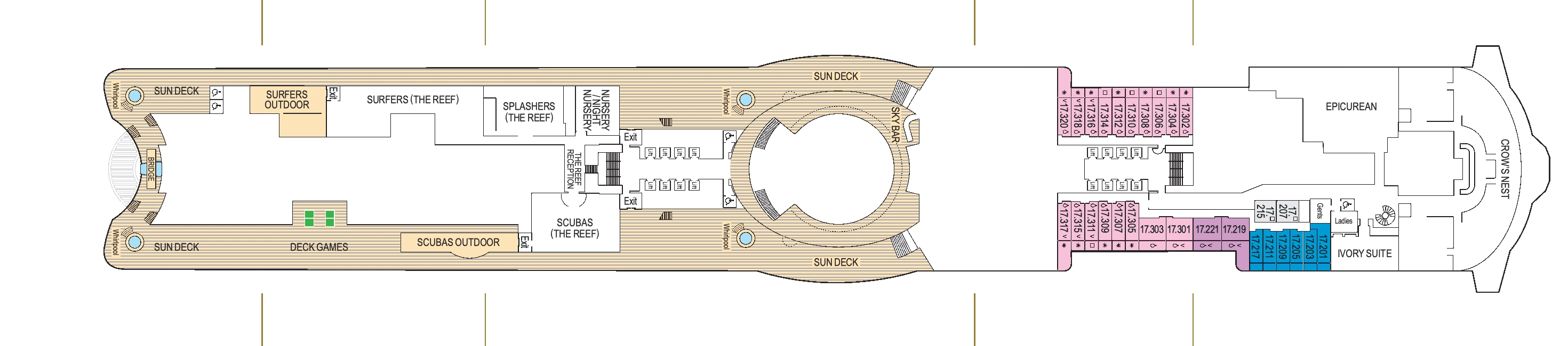 Iona, Deck 17: official cabin and venue layout