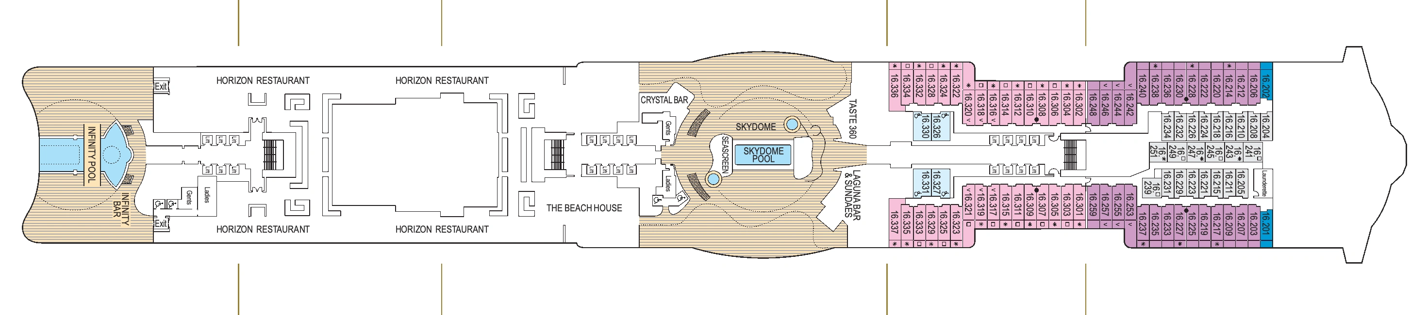 Iona, Deck 16: official cabin and venue layout