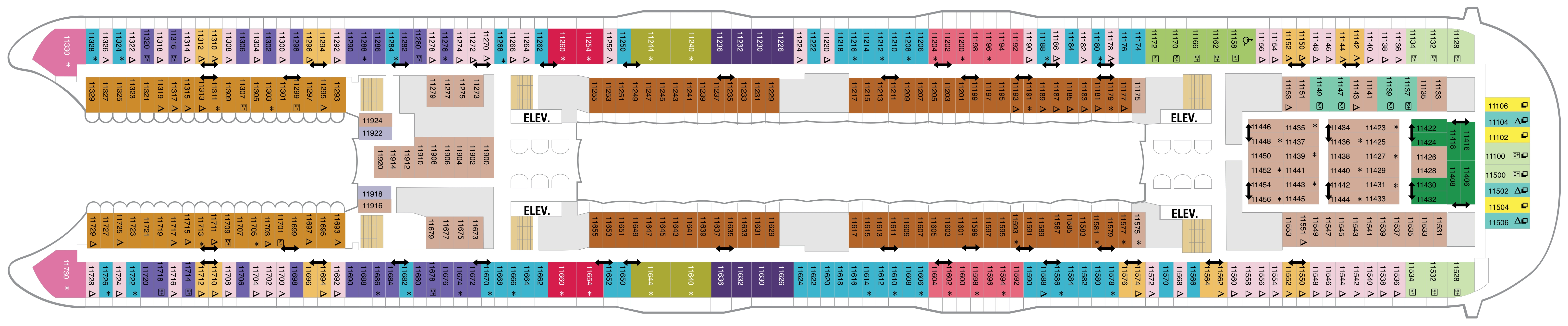 Allure of the Seas, Deck 11: official cabin and venue layout