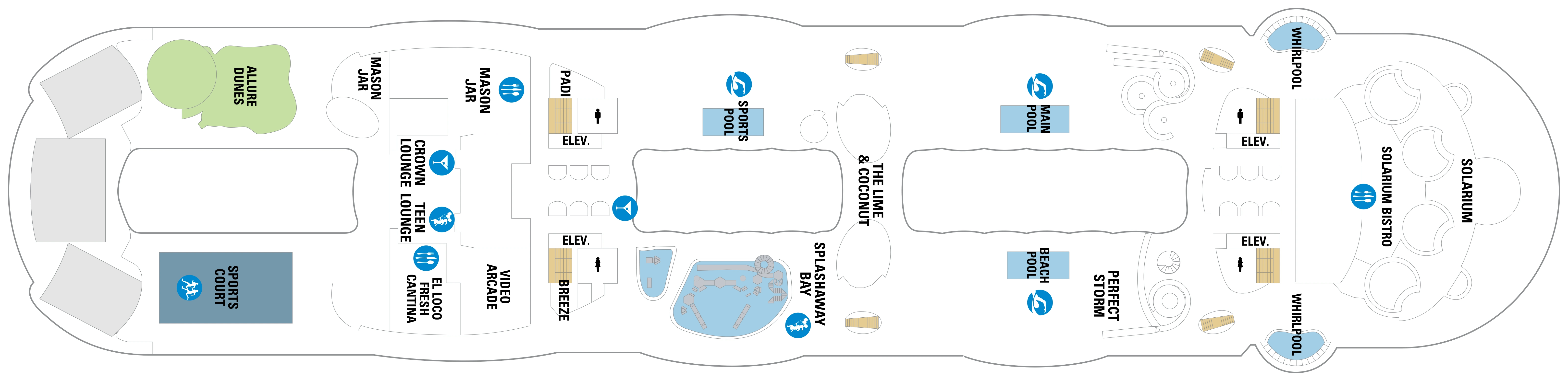 Allure of the Seas, Deck 15: official cabin and venue layout