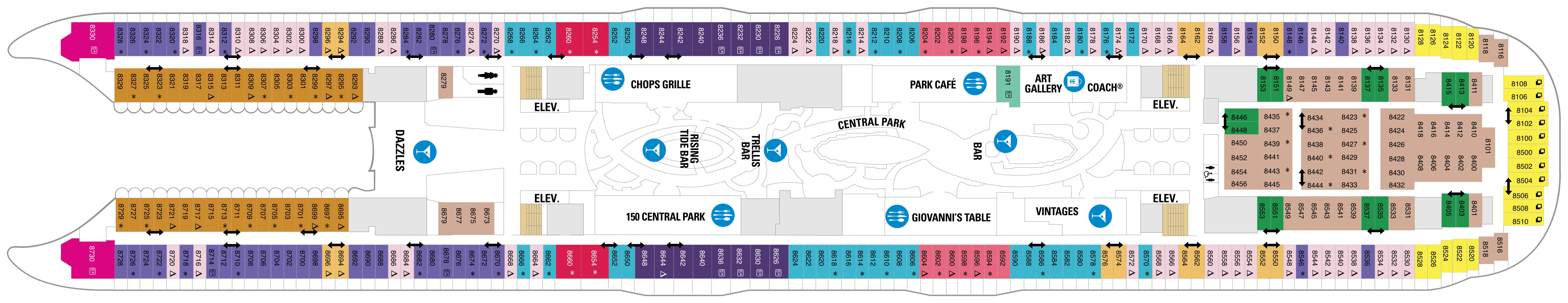 Allure of the Seas, Deck 8: official cabin and venue layout