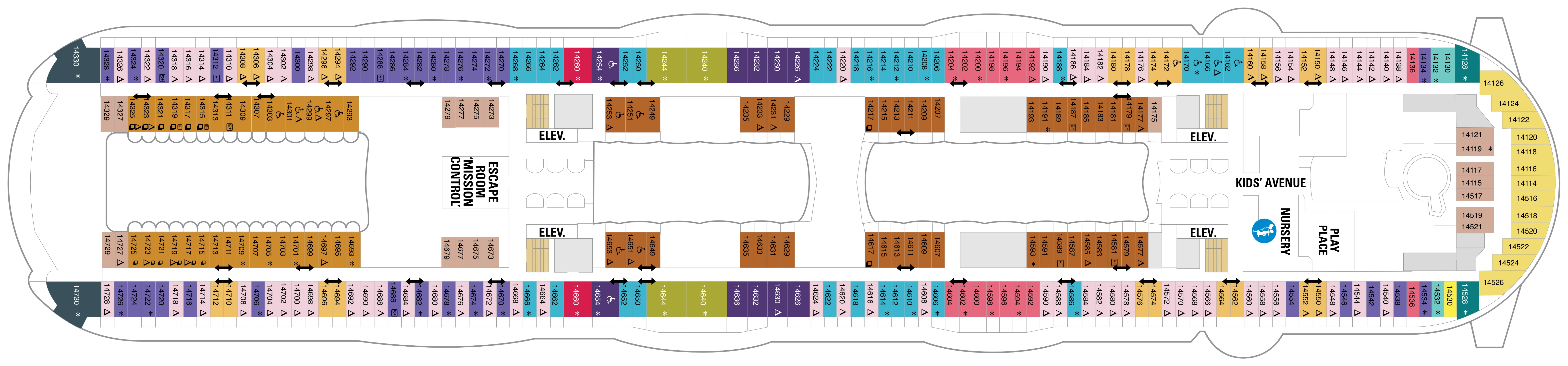 Allure of the Seas, Deck 14: official cabin and venue layout