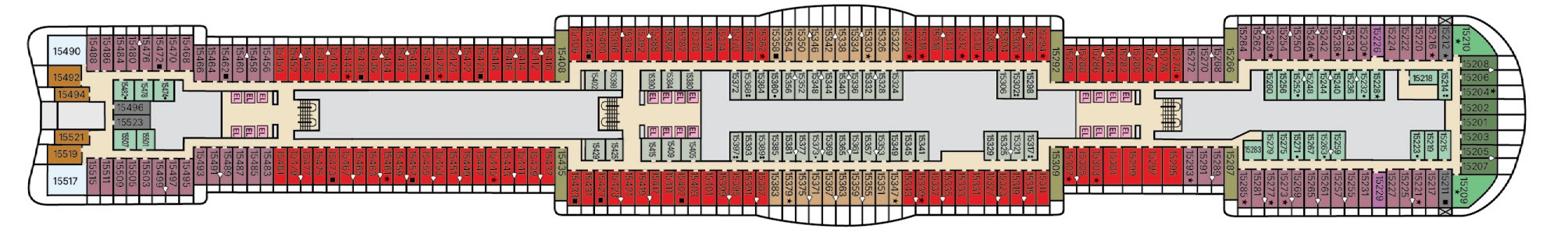 Carnival Tropicale, Deck 15: official cabin and venue layout