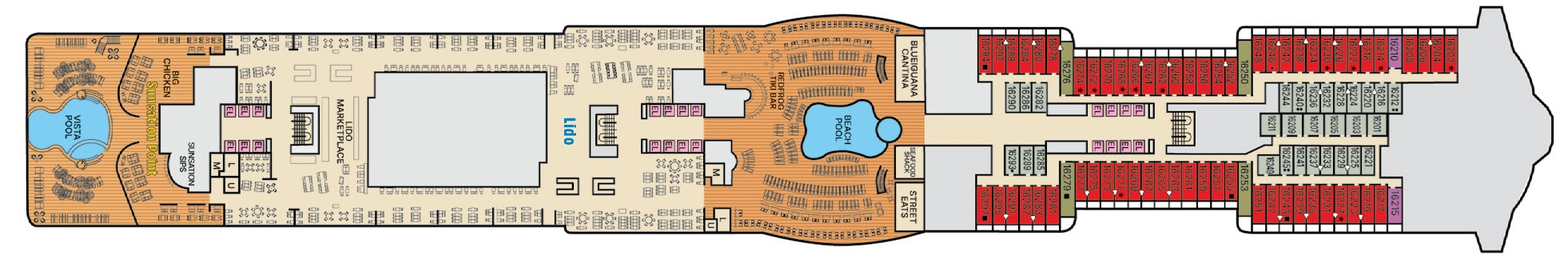 Carnival Tropicale, Deck 16: official cabin and venue layout