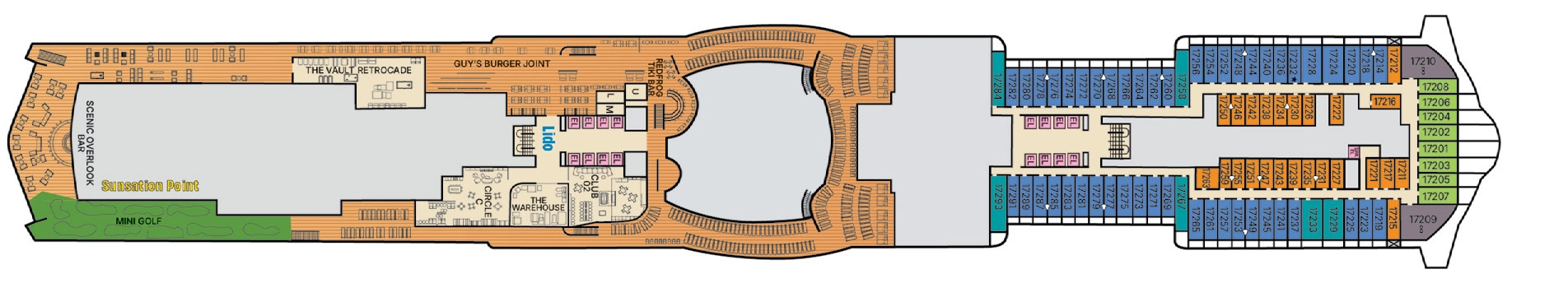 Carnival Tropicale, Deck 17: official cabin and venue layout