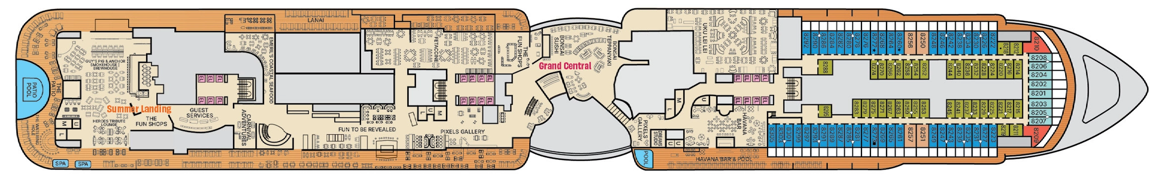 Carnival Tropicale, Deck 8: official cabin and venue layout